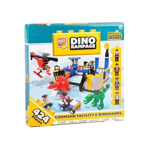 Bubbletastic Block Tech Steuerungs und Dinosaurier Installations Spielzeug, Set mit 4 Figuren, 1 Hubschrauber und 2 Spielzeug Dinosauriern, 424 Teile, Geschenk für Kinder von Bubbletastic