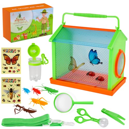 Bubuny Insekt Viewer Box, Forscherset Outdoor Insekten für Kinder, Lupe Insekten Sammelbox, Outdoor Exploration Spielzeug mit Insektenfänger, Becherlupe, Pinzetten, Pfeife mit Kompass von Bubuny