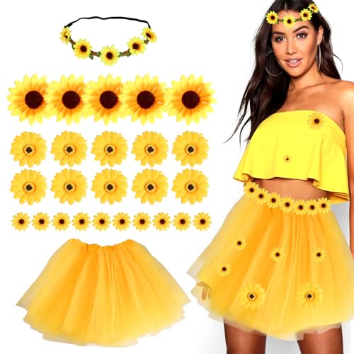 Bubuny Sonnenblumen Kostüm Damen Set, Gelber Tüllrock Damen, 25 Stk. Künstliche Sonnenblumen, Sonnenblumen Haarreif, Sonnenblume Kostüm für Karneval Mottoparty Cosplay Hochzeit von Bubuny