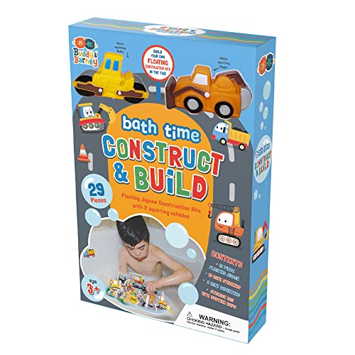 Buddy & Barney Bath Toy - Bath Time Construct & Build Activity Set for 2 3 4 5 6 7 Year Olds, 29 Pieces with Jigsaw, Digger & Bulldozer Water Squirter Toy, Handy Storage Organiser Bag Suction Cups von Buddy & Barney