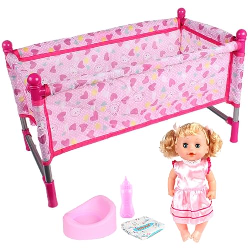 Babypuppenbett, Babypuppenkrippe Set Realistisches interessantes Puppenbett -Set beinhaltet anhaltige Puppe, Kinderbett, Windel, Milchflasche und Urinal, Babypuppen -Set für das Spielenspiel, Rollens von Budstfee