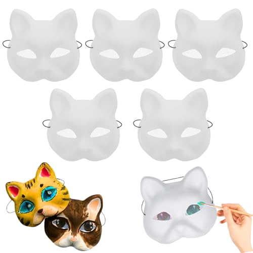 Budstfee 5pcs Katzenmaske, weiße Katzenmasken zum Malen, DIY -Blank -Therian -Maske, PVC -Tiermaske mit Augennetz ＆ Elastizitätsband für Halloween -Cosplay -Party von Budstfee