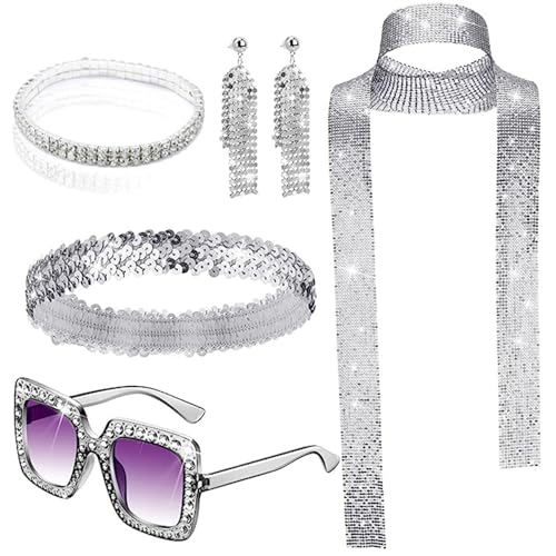 Disco -Outfit Frau, 5pcs Pailletten Disco Kostüm Frauen, Plastik -Disco -Outfit beinhaltet Schalohrringe Sonnenbranband und Stirnband für Halloween -Geburtstagstanzparty, Disco -Outfit von Budstfee