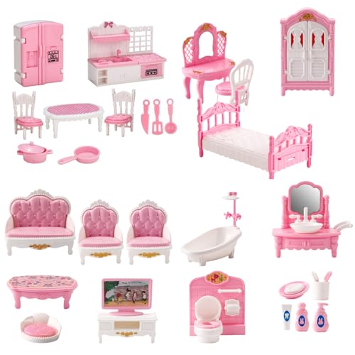 Dollhouse Kitchen Set, Dollhouse Möbel 4 Sets realistische Miniatur -Puppenhausmöbel Set für Schlafzimmer, Badezimmer, DIY Dollhouse Accessoires für das Spielen, Dollhouse Badezimmer Set von Budstfee