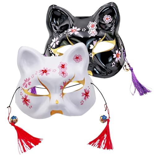 Japanische Maske, 2pcs Fox Mask Japanische Kabuki Halloween Mask 7.3x6.9 Halbgesichtskatze Maske mit Quasten und Glocken Schwarz -Weiß -Cosplay -Maske für Halloween -Cosplay -Masquerade -Party, Katze von Budstfee