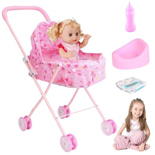 Puppenwagen | Babypuppen Kinderwagen Set Faltbar Doll Kinderwagen mit niedlichen Vokalbabypuppen- und Babypuppenzubehör tragbare Baby Kinderwagen Spielzeugsimulation Babypuppen Kinderwagen Set von Budstfee