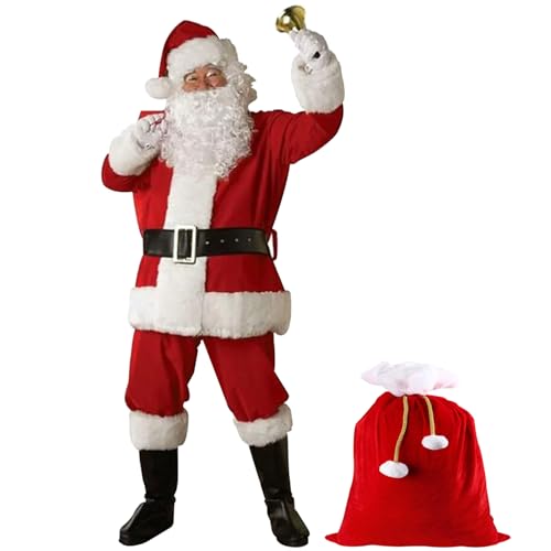 Santa -Anzug, Weihnachtsmann -Claus -Kostüm 11pcs/Set Santa Outfit für Männer Frauen Weihnachtskostüme einschließlich Jacke Hosen Hut Perücke Bartgläser Handschuhe Glockenstiefel Covers Belt & Bag, S von Budstfee