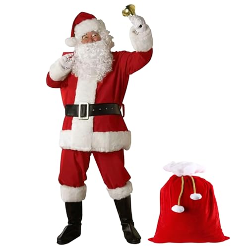 Santa -Anzug, Weihnachtsmann -Claus -Kostüm 11pcs/Set Santa Outfit für Männer Frauen Weihnachtskostüme einschließlich Jacke Hosen Hut Perücke Bartgläser Handschuhe Glockenstiefel Deckungen Belt & Bag von Budstfee