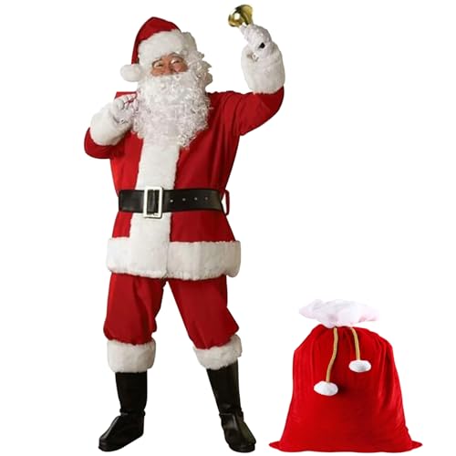 Santa -Anzug, Weihnachtsmann -Claus -Kostüm 11pcs/Set Santa Outfit für Männer Frauen Weihnachtskostüme einschließlich Jacke Hosen Hut Perücken Bartgläser Handschuhe Glockenstiefel Covers Belt & Bag 3 von Budstfee