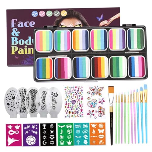 Schminken -Kit, 12 Split Cake Palettes Facepaint Make -up -Kit, Regenbogen ungiftiger Gesichtsfarbe mit Schablonen Pinselaufklebern, Gesichtsfarbe Körperfarbe für Kinder Erwachsene, Halloween, Karnev von Budstfee