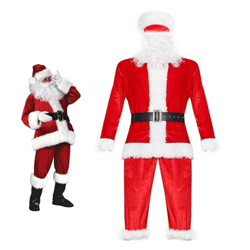 Weihnachtskostüm für Männer, Männer Santa Claus Outfit Größe L 5pcs Weihnachts -Cosplay -Kostüm Weißer Barthut Top Hosengürtel, Weihnachtsfeier -Outfit, Red von Budstfee