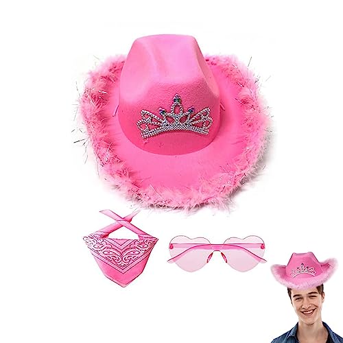 Buerfu Cowboy Hut Rosa,Damen Cowboyhut Flauschige Federbesatz,Filz-Cowgirl-Hut Mit Feder-Bandana Sonnenbrille Und Quadratischem Schal, Partyzubehör-Set für Männer, Mädchen, Frauen, Jungen von Buerfu