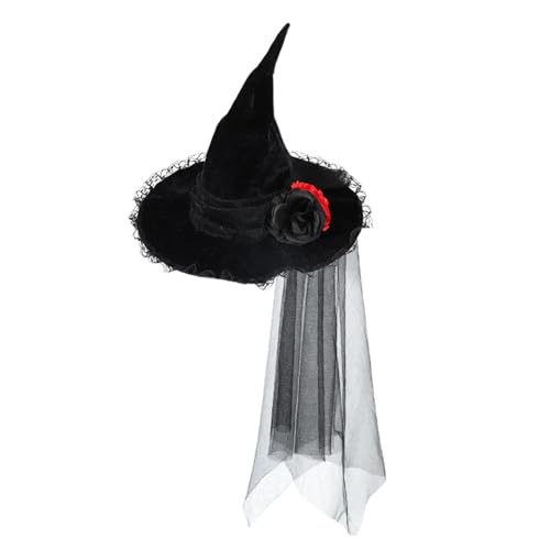 Buerfu Halloween Mesh Hexenhut,Schwarzer Hexenhut für Frauen | Mesh Hexenhut mit Schleierblumen,Zauberer Cosplay Gothic Flower Mesh Schleier Blumen Erwachsene Hexenkostüm von Buerfu