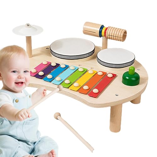 Buerfu Holztrommel-Spielzeugset, Kleinkind-Trommelset - 5-in-1-Lernspielzeug für Kleinkinder mit Musiktrommel aus Holz,Frühes Lernspielzeug, Vorschul-Unterhaltungs-Schlaginstrument für Rasen, von Buerfu