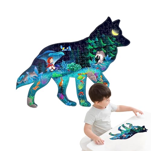 Buerfu Puzzles, Puzzle-Set, Wolf Puzzle Spielzeug Leuchtend, Lernpuzzle „Kleines Mädchen und der Wolf“, 156 Teile, großes Puzzle für Kinder im Alter von 3–8 Jahren von Buerfu