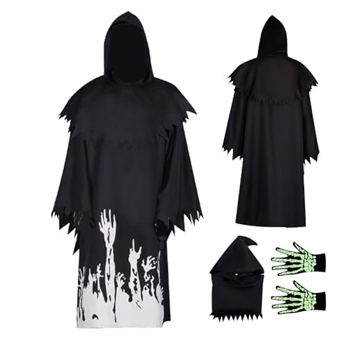 Buerfu Reaper-Halloween-Kostüm, schwarzer Reaper-Umhang - Kapuzenumhang, der im Dunkeln leuchtet,Im Dunkeln leuchtende Death Reaper-Halloween-Feiertagskostüme für Partys, Cosplay und Bühnenauftritte von Buerfu