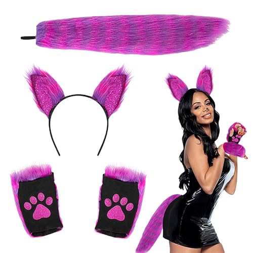 Buerfu Tierohren und Wolfsschwanz-Set, Halloween-Tier-Cosplay-Set - Damen Halloween Karneval Maskerade Cosplay | Halloween-Kostüme, Plüschohren, Schwanz, Handschuhe, Cosplay-Set für Mädchen und Frauen von Buerfu