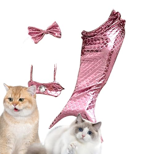 Buerfu Welpen-Meerjungfrau-Outfit, Katzen-Meerjungfrau-Kostüm | Katzenkleidung mit Schleifen-Stirnband und Neckholder-Top,Haustierkostüm, kreative lustige Foto-Requisiten für Halloween, Geburtstag von Buerfu