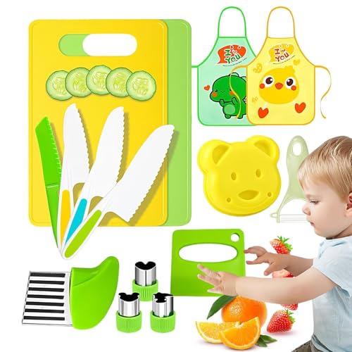 Kindermesser 15 Teiliges Kinder Küchenmesser Set,Mit Sicheres Schneidebrett,Wellenschneider Holzmesser,und Gemüsemesser Für Kinder Ab 2 Jahren, m-ontessori Messer, Kinder Kochset von Buerfu