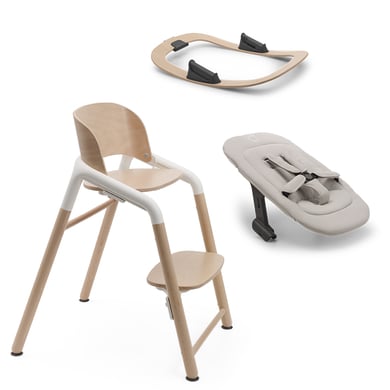 bugaboo Hochstuhl Giraffe Basis Neutral Wood/White mit Wippengestell und Neugeborenenset Giraffe Polar White von Bugaboo