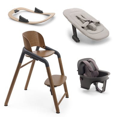 bugaboo Hochstuhl Giraffe Basis Warm Wood/Grey mit Wippengestell, Neugeborenenset und Babyset Giraffe von Bugaboo