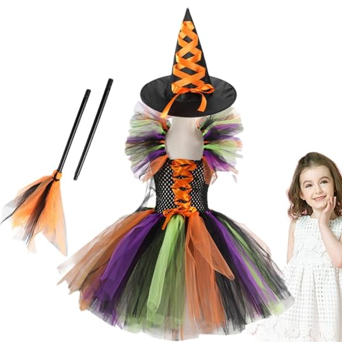 Buhjnmik 3teiliges Set Mädchen Hexenkostüm, Märchenhexe Niedliches Hexenkostüm Deluxe Set, Tutu Kleid Hexenkleid mit Besen, Tüllkleid für Halloween Party, Halloween Cosplay Kostüm Maskerade Kostüm von Buhjnmik