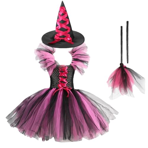 Buhjnmik 3teiliges Set Mädchen Hexenkostüm, Märchenhexe Niedliches Hexenkostüm Deluxe Set, Tutu Kleid Hexenkleid mit Besen, Tüllkleid für Halloween Party, Halloween Cosplay Kostüm Maskerade Kostüm von Buhjnmik