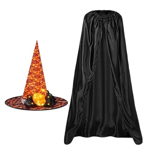 Buhjnmik Halloween-Kostüm-Umhang, Halloween-Umhang,Halloween Hexenumhang Cosplay Kostüm - Halloween-Kostüme, schwarzes Umhang-Set mit leuchtendem Hexenhut für Erwachsene für Kostüm-Rollenspiele, von Buhjnmik