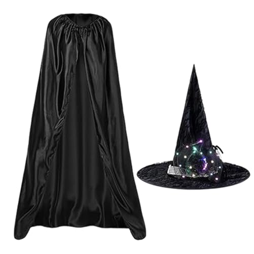 Buhjnmik Halloween-Kostüm-Umhang, Halloween-Umhang | Hexenumhang Capes Set - Schwarzes Cape-Halloween-Kostüm mit leuchtendem Hexenhut für Erwachsene für Kostüm-Rollenspiele, Halloween-Foto von Buhjnmik