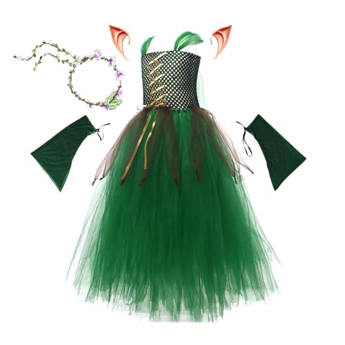 Buhjnmik Halloween-Kostüm für Mädchen, grünes Mesh-Tüllkleid - Halloween ärmelloser Lagen-Tutu-Rock - 4-teiliges Kostüm mit Waldmotiv, ärmelloser mehrlagiger Tutu-Rock für Geburtstagsfeiertage von Buhjnmik