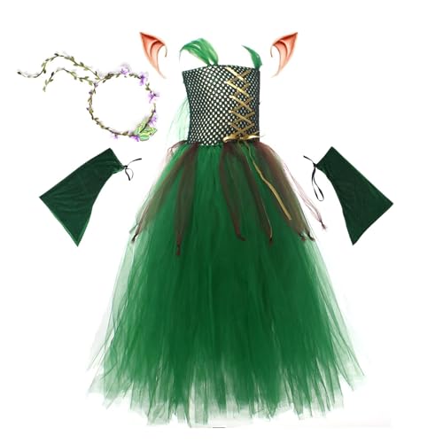 Buhjnmik Halloween-Kostüm für Mädchen,Halloween-Kostüm für Mädchen | Halloween Grünes Mesh-Tüllkleid-Set,4-teiliges Kostüm mit Waldmotiv, ärmelloser mehrlagiger Tutu-Rock für Geburtstagsfeiertage von Buhjnmik