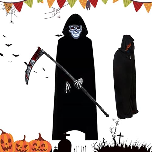 Buhjnmik Halloween-Umhang-Reaper-Outfits,Halloween-Umhang-Reaper-Umhang,Cosplay Kostüm Todesumhang | 4X Anziehkleidung, Totenkopf-Handschuhe, Maske und Sense, Kapuzenumhang, Halloween-Kostüm von Buhjnmik