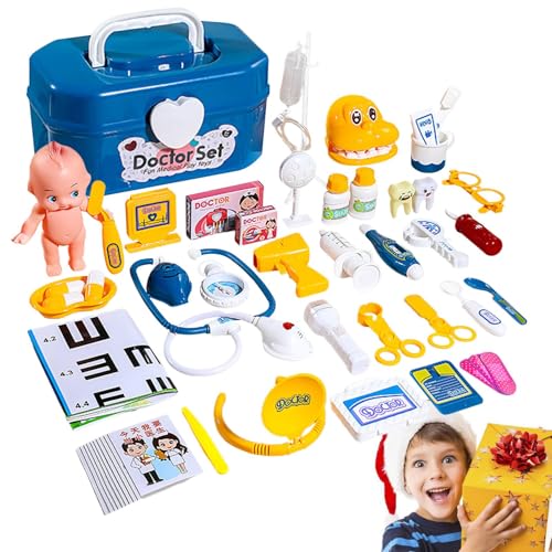 Buhjnmik Kinder-Arzt-Set, Arzt-Spielspielzeug | 52-teiliges Anziehspielzeug | Pretend Play Dress Up Doctor Set, Rollenspielspielzeug mit Spielzeugstethoskop und Puppe, Vorschul-Rollenspielspielzeug von Buhjnmik