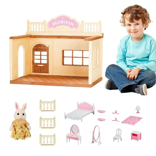 Buhjnmik Puppenhaus-Set aus Holz,Puppenhaus-Set aus Holz,Fine Motor Toys Puppenhaus-Spielset - Holzbausatz mit Möbeln, Spielzeug für Kleinkinder, Miniatur-Puppenhaus-Set, Rollenspiel für Kinder ab 3 von Buhjnmik