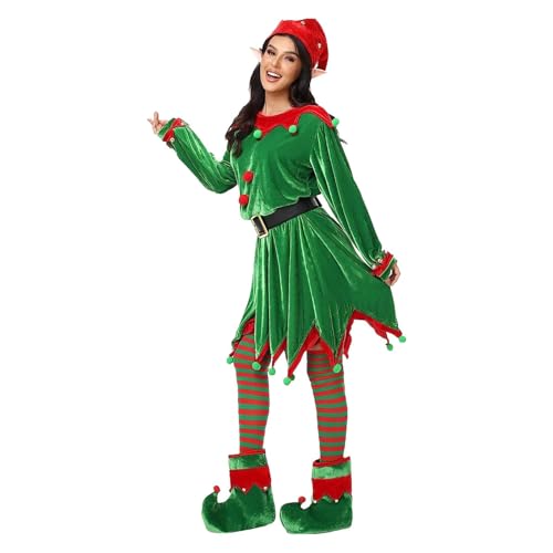 Buhjnmik Weihnachtselfen-Kostümset für Kinder,7-teiliger Elfen-Outfit-Anzug - Lustiges festliches Outfit mit Schuhgürtel, Elfenohr, Elfenhut, Kleid, Strumpf für Weihnachtsparty-Rollenspiele von Buhjnmik