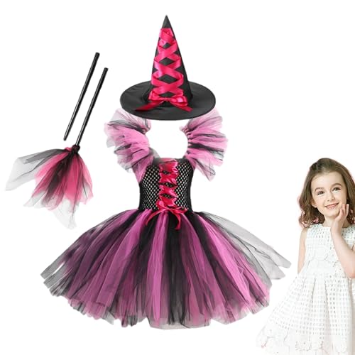 Buhygn Hexenkostüm für Mädchen | Zauberhaftes Hexenkleid mit und Besen für Halloween | Perfektes Ankleide-Outfit für Kinder | Lustiges Halloween-Kleid für Partys und Events von Buhygn