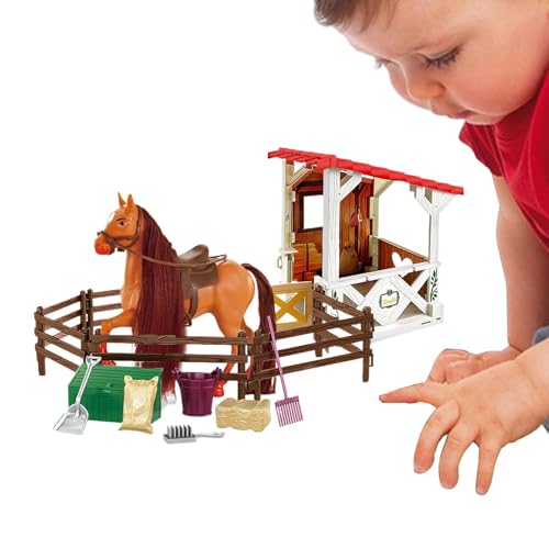 Buhygn Reitspielset, Zaunspielzeugfiguren, Pferdestall, Scheunenspielset mit , fördert Rollenspiele, langlebig, 17 x 17 x 5,5 cm für Kinder von Buhygn