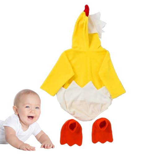 Buhygn Tier Outfit Kinder Jumpsuit Cosplay Strampler Cartoon Huhn Kostüm Weicher Plüsch Stoff Entzückendes Kapuzen-Design Gelb für Urlaub Fotos Familientreffen von Buhygn