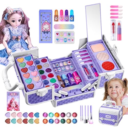 Echte Make-up-Sets für Kinder, sicheres waschbares Kinder-Make-up, Mädchen-Make-up-Set mit Kosmetikkoffer, leicht zu tragen, unglaubliches Make-up-Set, 16,5 x 12 x 18 cm, Lila für Mädchen von Buhygn