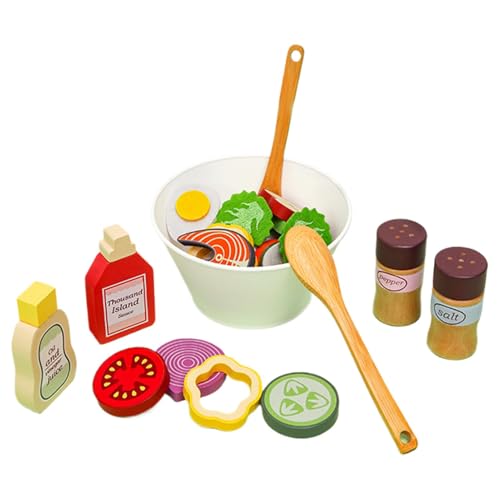 Obst- und Gemüsesalatspielzeug aus Holz, interaktives Kinderspielset, Rollenspielset für die Küche, einfach zu bedienen, ansprechend und realistisch, 16,7 x 14,7 x 10 cm für Kinder von Buhygn