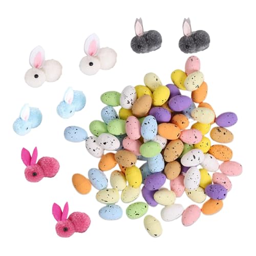 Osterhasen und Eier, ausgestopfter Osterhase, Hasen-Kuscheltiere mit bunten Eiern, einfach zu lagern, wiederverwendbar, 5,5 cm Hase / 3 cm Ei, 1 Set mit 8 Hasen, 24 Eier für die Osterdekoration von Buhygn