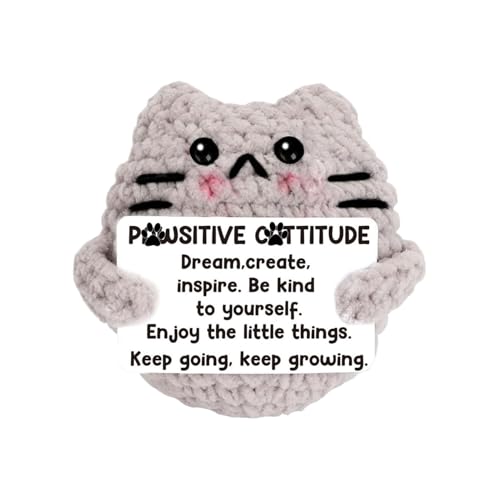 Positive Katze gehäkelt, handgemachte Strick-Cartoon-Katzen-Häkelarbeit, Strickpuppen-Plüsch-Häkelarbeit, einfach auszustellen, beruhigend und erhebend, 7 x 5 cm für Zuhause von Buhygn