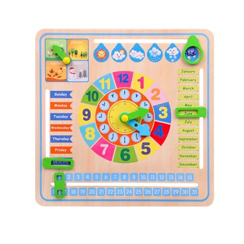 Buhyujkm Clock Learning Toy, Wooden Calendar Clock, Preschool Educational Toy, Interactive Learnings, Colorful Wood Toys for Children's Room and Kindergarten, 11.81x11.81x0.79 inch von Buhyujkm