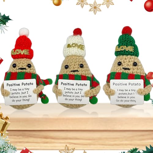 Buhyujkm Cute Santa Hat Crochet Positive Vegetables, 3X Crochet Figurine with Positive Card, Cheer Up Party Decoration, Knitted Wool Potato Toy for Birthday and Christmas Celebrations von Buhyujkm