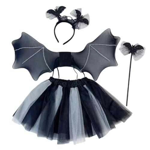 Buhyujkm Halloween-Kostüm-Set für Mädchen, Halloween-Teufel-Kostüm-Set, Kinder-Anziehset, Gotische schwarze Feder mit bösen Hörnern für Halloween, Weihnachten, Ostern von Buhyujkm