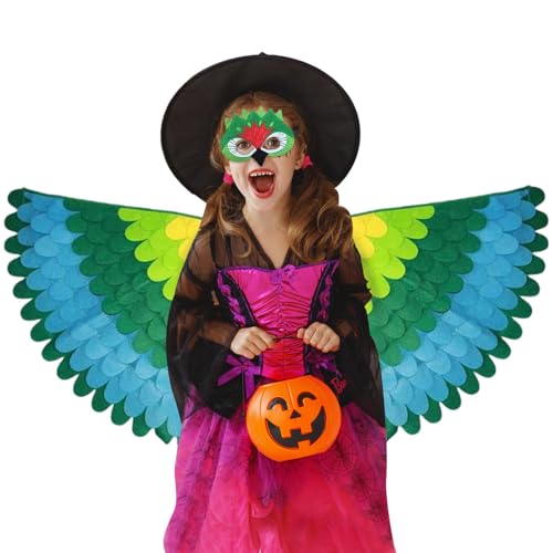 Buhyujkm Vogelflügel für Kinder, Kostümflügel, Farbverlauf, 50 cm, lebendiges Farbdesign, weich, hautfreundlich, Pfauen-Outfit, buntes Cosplay für Halloween, Partys von Buhyujkm