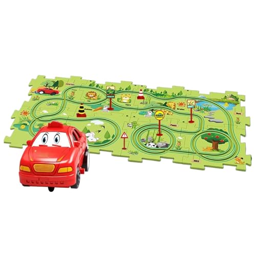 Children Race Car Puzzle, Rail Car Puzzle Track, 19.53x10.16x2.44 Inches Portable Game, Green/Red/White/Blue Toys, Early Learning Vehicle Building Toy for Kids,abs +Hipe von Buhyujkm