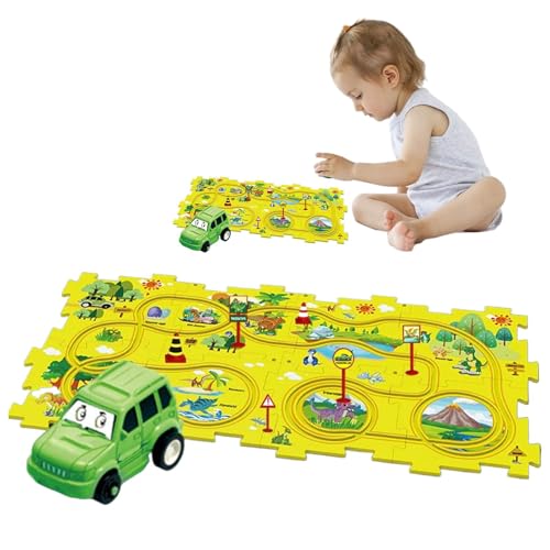 Children Race Car Puzzle, Rail Car Puzzle Track, 19.53x10.16x2.44 Inches Portable Game, Green/Red/White/Blue Toys, Early Learning Vehicle Building Toy for Kids,abs +Hipe von Buhyujkm