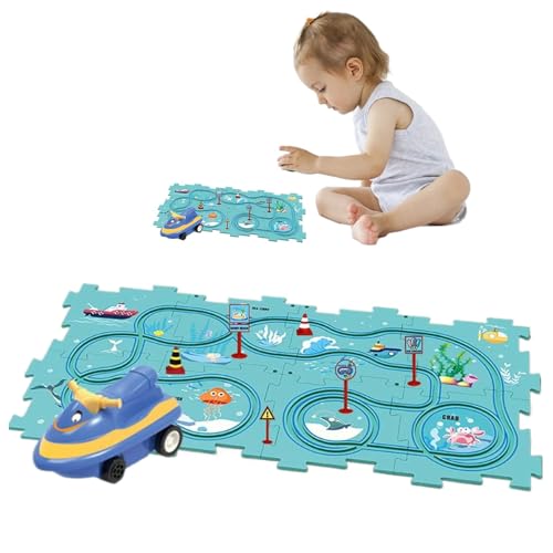 Children Race Car Puzzle, Rail Car Puzzle Track, 19.53x10.16x2.44 Inches Portable Game, Green/Red/White/Blue Toys, Early Learning Vehicle Building Toy for Kids,abs +Hipe von Buhyujkm