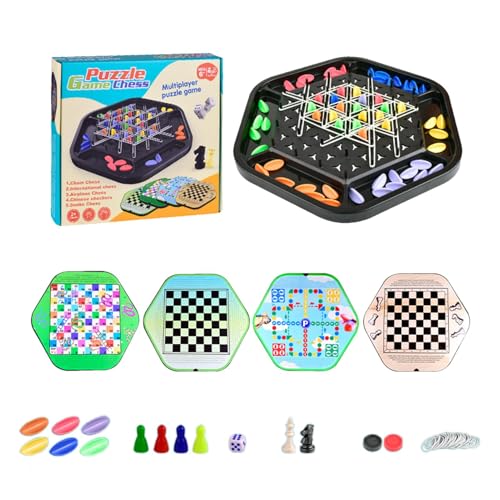 Family Games Chess, 4 in 1 Travel Games, Travel-Friendly Family Games, Chain Snake Flying Chess, Portable Board Games for Family Fun, Including 4 in 1 Chess, Checkers, and Flying Chess von Buhyujkm